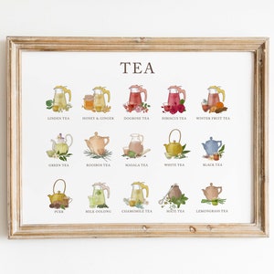 May include: A colorful chart with illustrations of different types of tea, including linden, honey & ginger, dogrose, hibiscus, winter fruit, green, rooibos, masala, white, black, puer, milk oolong, chamomile, mate, and lemongrass tea.