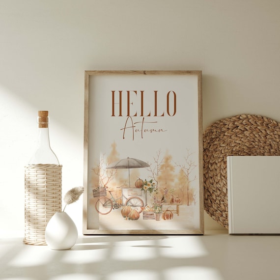 Hello Autumn Print, Autumn Landscape Print, Pumpkin Prints, Autumn Wall Art, Printable Autumn Home Decor, Modern Autumn & Halloween Posters