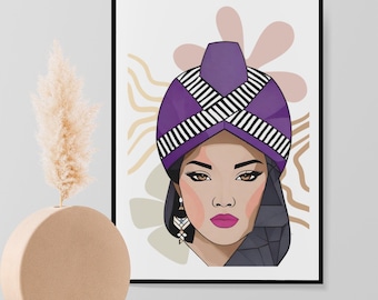 Hmong Woman Art Print, Purple Hat, Abstract Portrait