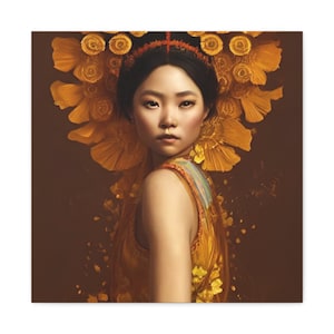 Hmong Asian Golden Poppy Flower Girl Wall Art Print on Canvas, Asian Art, Hmong Art, Hmong Prints, Asian Wall Art, Gold Flower, Flower Girl