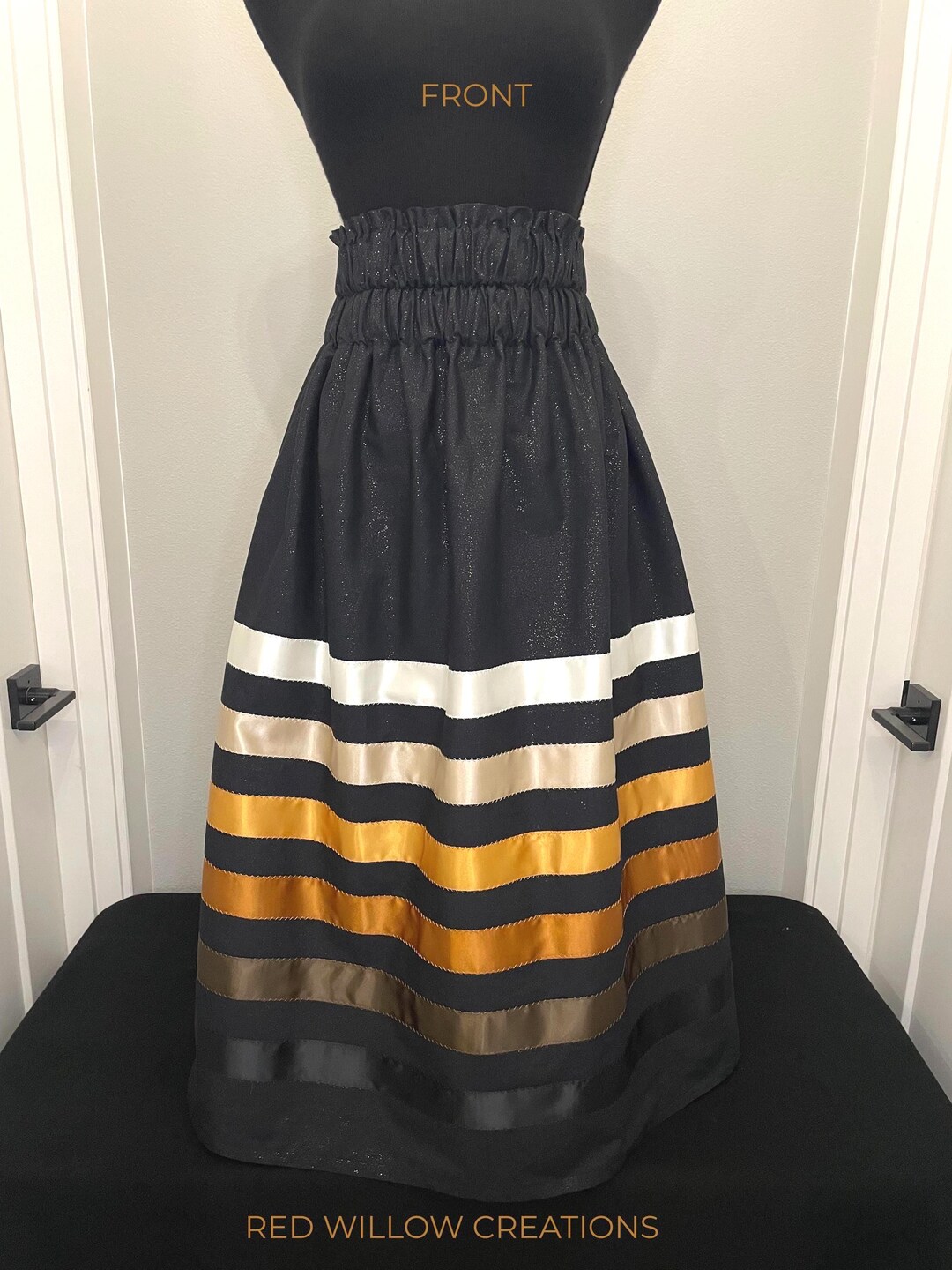 Native American Made Ribbon Skirt: Black Cotton, Satin Ribbons With ...