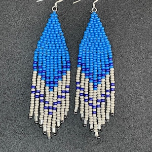 Indigenous Made Beaded Fringe Earrings, Blue and Gray Seed Beads