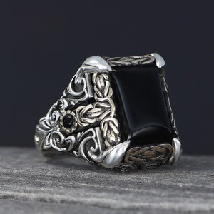 KAR Handmade Sterling Silver & Black Onyx Men's Ring - Ottoman Coat Of Arms Design, Size US K64S