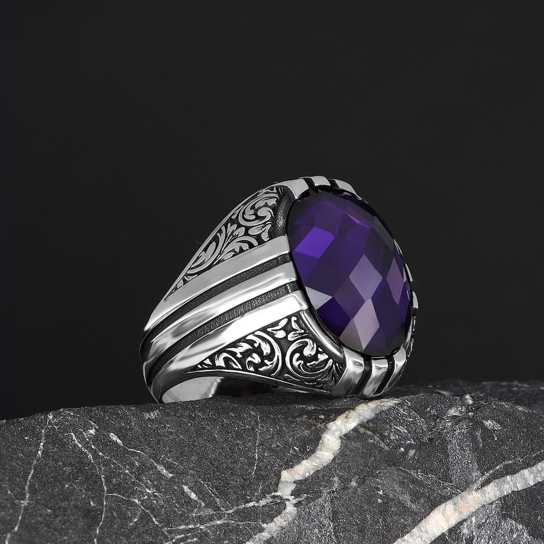 PYTALI Men's Amethyst Ring – S925 Sterling Silver Handmade Vintage Ottoman Style Ring, Sizes 4-16 - View #5