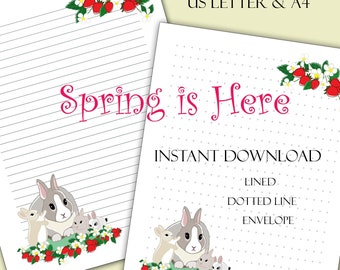 paper with dotted lines for writing Printable Stationery Paper, "Spring is Here", Lined, Dotted Line, Envelope, Instant Download, US Letter, A4