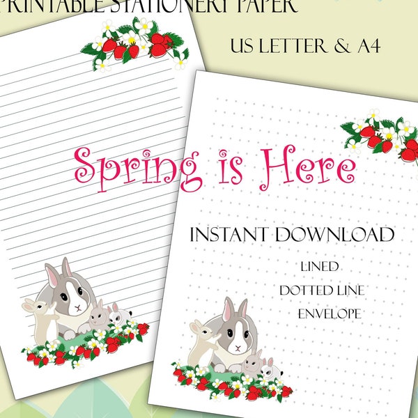 primary writing paper with dotted lines Printable Stationery Paper, "Spring is Here", Lined, Dotted Line, Envelope, Instant Download, US Letter, A4