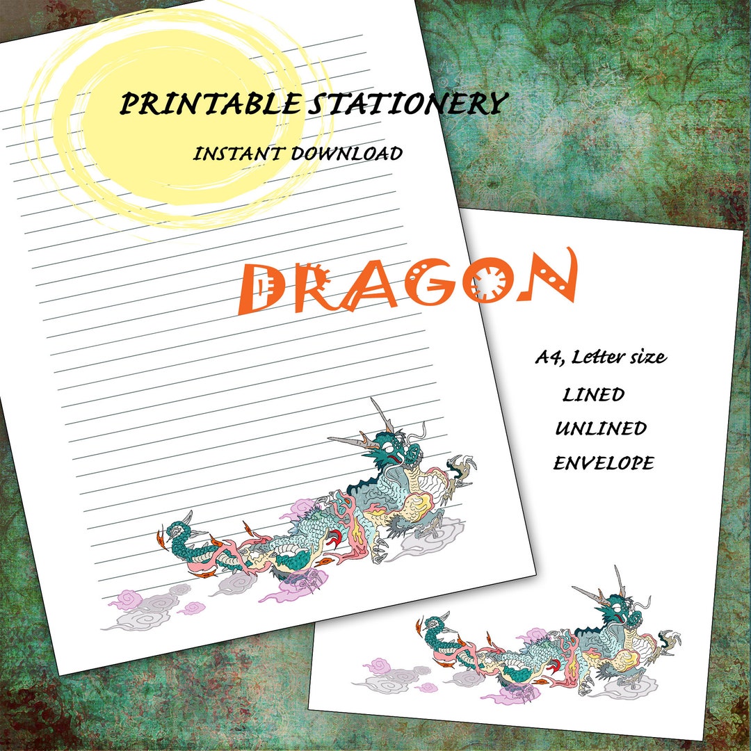 Dragon, Printable Stationery Paper, Lined, Unlined, Envelope, Instant ...