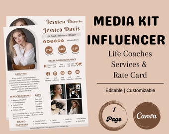 May include: A media kit for a life coach influencer named Jessica Davis. The kit includes information about her services, rates, and demographics. The kit is designed in a brown and white color scheme with a modern aesthetic.