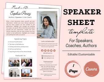 May include: A speaker sheet template for speakers, coaches, and authors. The template is customizable and includes a section for a speaker's bio, speaking topic, featured on, and testimonial. The template is designed to be used with Canva.