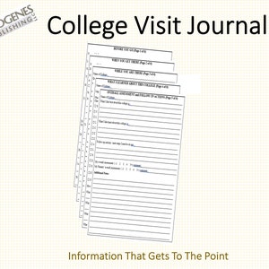 May include: A black and white image of a college visit journal with the title "College Visit Journal" and the text "Information That Gets To The Point". The journal is divided into sections with headings such as "Before You Go", "When You Get There", "While You Are There", "What I Learned About This College", and "Overall Assessment and Follow Up Actions".