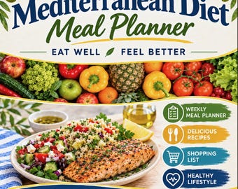 May include: A Mediterranean Diet Meal Planner book cover featuring text, fresh produce, and a plate of salmon with salad. The text reads Mediterranean Diet Meal Planner, Eat Well Feel Better, Weekly Meal Planner, Delicious Recipes, Shopping List, Healthy Lifestyle, Simple Plans, Fresh Ingredients, Real Food.