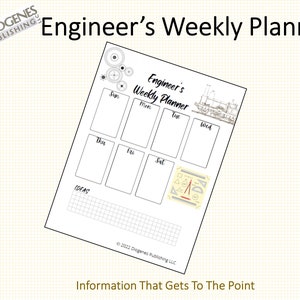 May include: A white Engineer's Weekly Planner with a grid background. The planner includes sections for each day of the week, an ideas section, and a small illustration of a train. The text "Engineer's Weekly Planner" is displayed at the top.