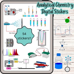 May include: A set of 54 digital stickers featuring illustrations of analytical chemistry equipment and concepts. The stickers include a capillary electrophoresis setup, a mass spectrometer, a gas chromatograph, a titration setup, and a variety of chemical structures. The stickers are perfect for students, teachers, and anyone interested in analytical chemistry.