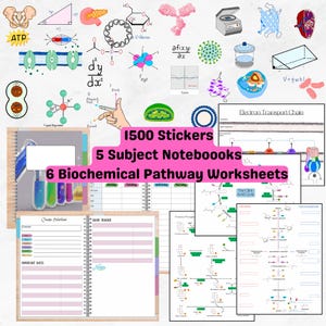 May include: A set of 5 subject notebooks and 6 biochemical pathway worksheets, featuring 1500 stickers. The notebooks have a pink and green cover with a spiral binding. The worksheets are printed on white paper and feature colorful diagrams of biochemical pathways. The image also includes a variety of stickers, including molecules, cells, and other scientific illustrations.