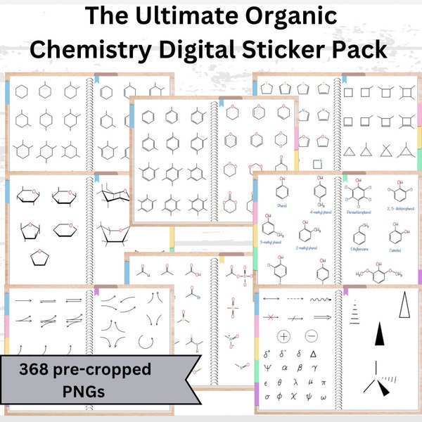 Digitale Organische Chemie Aufkleber | Vorgeschnittene PNG-Dateien mit über 300 einzelnen Aufklebern | Organische Chemie Moleküle | Reaktion Symbole