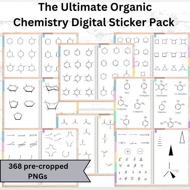 Organic chemistry digital sticker pack for taking notes. This set include basic structures that can be combined to make custom molecules. It also includes reaction arrows so you can make any reaction mechanism for your notes