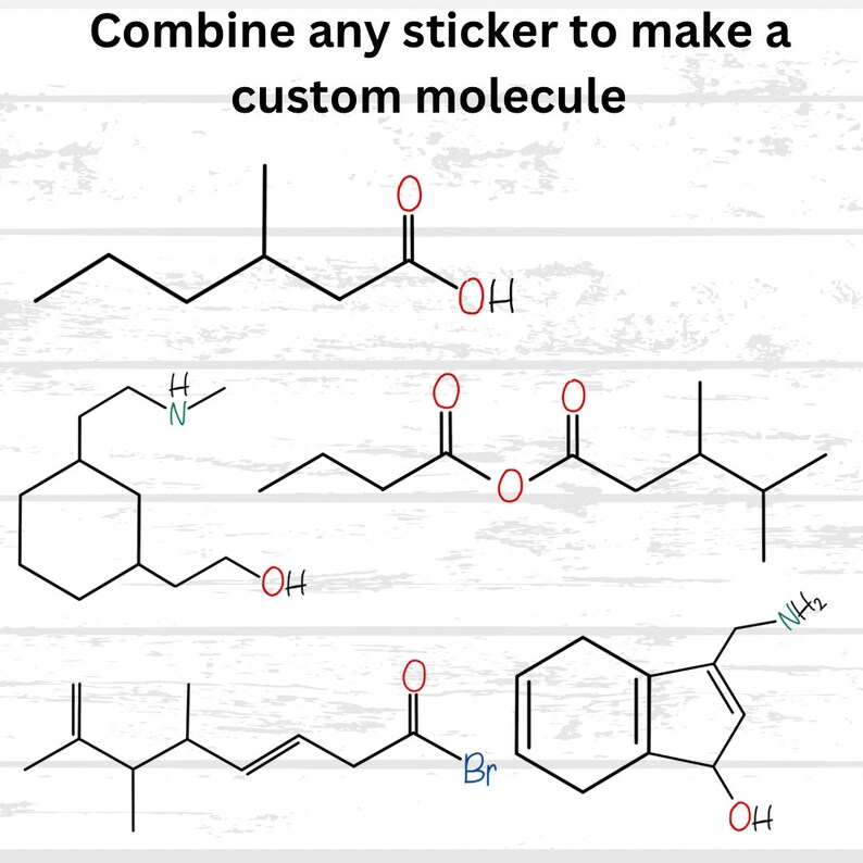 以下が含まれることがあります： さまざまな化学構造が描かれたカラフルなステッカーのセット。ステッカーは、白い木製の背景に「好きなステッカーを組み合わせて、カスタム分子を作ろう」というテキストが書かれています。