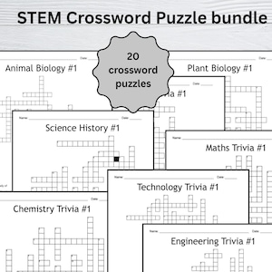 Pode incluir: Um pacote de palavras cruzadas STEM. A imagem mostra várias palavras cruzadas com títulos como "Animal Biology #1", "Science History #1" e "Chemistry Trivia #1". Um gráfico central diz "20 palavras cruzadas".