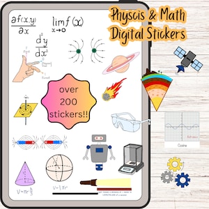 Könnte beinhalten: Ein Set digitaler Sticker mit über 200 bunten Illustrationen zu den Themen Physik und Mathematik. Die Sticker beinhalten eine Vielzahl von Bildern, wie Planeten, einen Roboter, einen Satelliten, einen Graphen, einen Kegel, eine Kugel und eine Waage. Der Text "Physcis & Math Digital Stickers" ist in einer bunten Schriftart oben im Bild geschrieben.