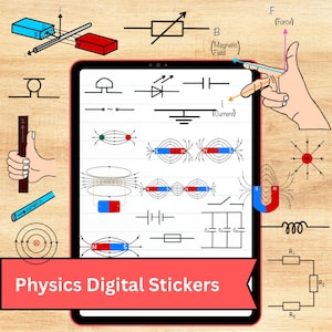 Puede incluir: Un conjunto de pegatinas digitales para física que presentan varios diagramas e ilustraciones. Las pegatinas incluyen representaciones de circuitos, imanes, campos magnéticos y campos eléctricos. El texto "Physics Digital Stickers" se muestra en la parte inferior de la imagen.