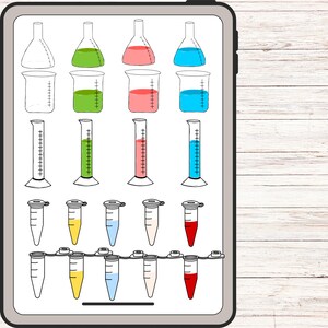 tablet displaying drawings of chemical glassware such as beakers, flasks, measuring cylinder and microcentrifuge tubes.