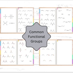 以下が含まれることがあります： 「Common Functional Groups」と書いてある灰色の星型のステッカーが貼られたノート。ノートは、黒インクで描かれたいくつかの化学構造が書かれたページを開いています。ノートは茶色の表紙で、スパイラル綴じられています。
