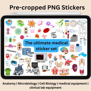 May include: A digital tablet screen displaying a collection of colorful medical illustrations and icons. The illustrations include a variety of medical equipment, cells, organs, and anatomical structures. The text "The ultimate medical sticker set" is displayed on the screen. The text "Anatomy | Microbiology | Cell Biology | medical equipment | clinical lab equipment" is displayed at the bottom of the screen.