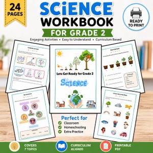 May include: A science workbook for Grade 2 with the title "Science Workbook For Grade 2". The workbook includes engaging activities and is curriculum-based. The cover features the text "Lets Get Ready for Grade 2 Science". The workbook is perfect for classroom, homeschooling, and extra practice.