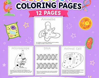 May include: A vibrant purple image promoting biology-themed colouring pages. The design includes the text "BIOLOGY COLORING PAGES" and "12 PAGES". Illustrations of an amoeba, microscope, DNA, and animal cell are shown. Includes the text "INSTANT DOWNLOAD", "PRINT AT HOME", and "GREAT FOR KIDS".