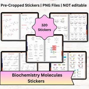 May include: A set of 320 pre-cropped PNG stickers featuring various biochemistry molecules. The stickers are organized into categories such as "Polar, uncharged R Groups", "Ribonucleotides", "Haworth Projection - Monosaccharides", "Glycerophospholipids", and "Reactions". The stickers are designed for use in planners, notebooks, and other organizational tools.