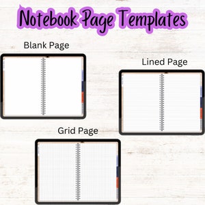 May include: Three digital notebook page templates displayed on a tablet screen. The templates include a blank page, a lined page, and a grid page. Each page has a binding on the left side.