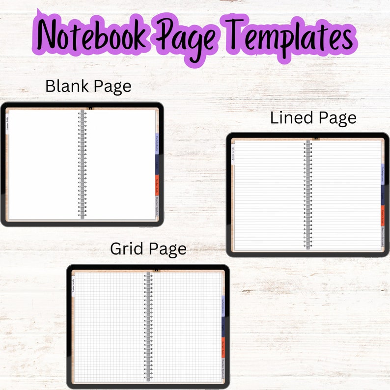 May include: Three digital notebook page templates displayed on a tablet screen. The templates include a blank page, a lined page, and a grid page. Each page has a binding on the left side.