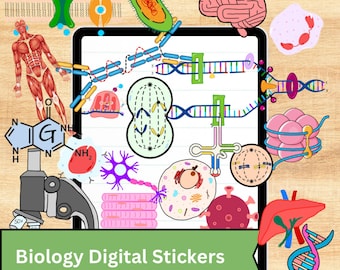 Pegatinas digitales de biología para anatomía, microbiología y genética.