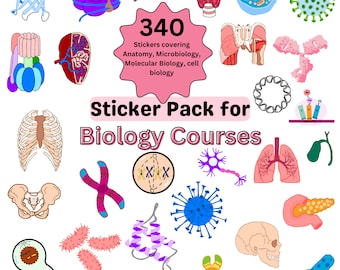 May include: A sticker pack for biology courses with 340 stickers covering anatomy, microbiology, molecular biology, and cell biology. The stickers feature colorful illustrations of various biological structures, including cells, organs, and molecules.