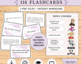 Genetics Flashcards: Biology Study Cards for Students (116, Instant Download)