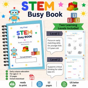 以下が含まれることがあります： 青い表紙のSTEM Busy Book。カラフルなブロックとロボットのイラストが特徴です。 2〜5歳向けの2つの学習レベルがあり、マッチングスキルと批判的思考に焦点を当てています。印刷可能です。