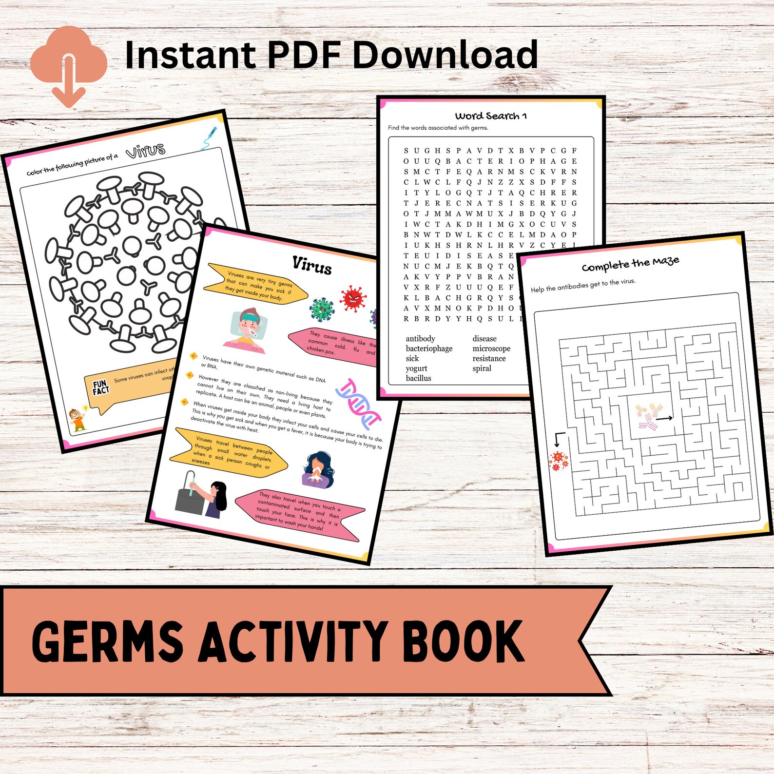 Germs Activity and Coloring Book for Kids Printable Puzzle Book ...