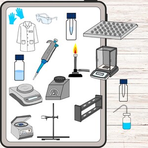 Medical lab digital stickers displayed on a tablet. Stickers include lab coat, goggles, pipette, bunsen burner, stir plate, centrifuge, analytical balance, test tube holder.