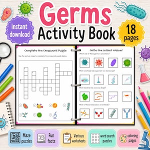 以下が含まれることがあります： 「Germs Activity Book」というタイトルの、18ページからなるカラフルなアクティビティブック。 細菌や実験器具に関するクロスワードパズル、多肢選択問題、塗り絵ページが特徴です。「instant download」の文字が含まれています。