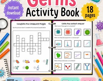 May include: An educational activity book titled "Germs Activity Book" with 18 pages. The book contains crossword puzzles, multiple-choice questions, and coloring pages about germs and lab equipment. Includes the text "instant download".