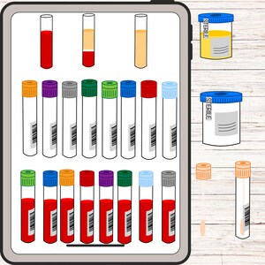 Tablet with blood collection tubes with different color caps, urine collection container