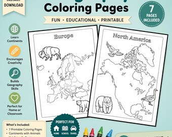 Geography printable coloring pages for kids with continents and animals
