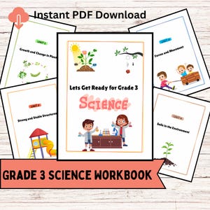 Puede incluir: Un cuaderno de trabajo de ciencias de 3er grado titulado "Lets Get Ready for Grade 3 Science". La portada presenta ilustraciones de niños e imágenes relacionadas con la ciencia. El cuaderno incluye unidades sobre el crecimiento de las plantas, las estructuras, las fuerzas y los suelos.