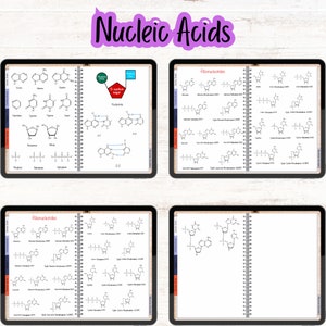 Nucleic acids section displaying DNA and RNA nucleotide structures, including base-pairing examples and ribonucleotide diagrams.