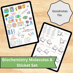 May include: Two digital notepads with a set of colorful biochemistry molecule stickers. The stickers include illustrations of cells, DNA, and sugar molecules. The notepads show chemical structures of glucose, galactose, fructose, and lactose.