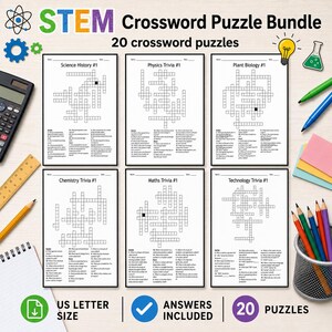 May include: A STEM crossword puzzle bundle with 20 puzzles covering science, history, physics, plant biology, chemistry, maths, and technology. The puzzles are US Letter size and include answers. A calculator, pencils, and stationery are also visible.