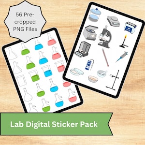 May include: A digital sticker pack with 56 pre-cropped PNG files featuring lab equipment illustrations. The illustrations include beakers, flasks, test tubes, a microscope, a Bunsen burner, a scale, a pH meter, a stirring rod, a petri dish, a mortar and pestle, and a lab stand.