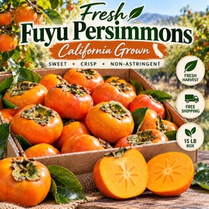 May include: A cardboard box filled with bright orange Fuyu persimmons, featuring green stems and leaves. Text reads Fresh Fuyu Persimmons California Grown, Sweet, Crisp, Non-Astringent, Fresh Harvest, Free Shipping, and 15 LB Box.