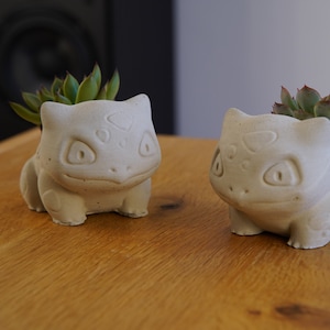 Peut inclure: Deux pots en céramique blanche en forme de personnage Pokémon, Bulbasaur, avec de petites succulentes vertes qui poussent à l'intérieur.