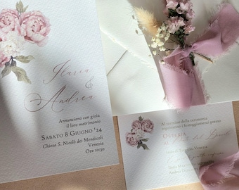 Wedding invitations, antique pink wedding invitations, craft paper, chiffon, dried flowers